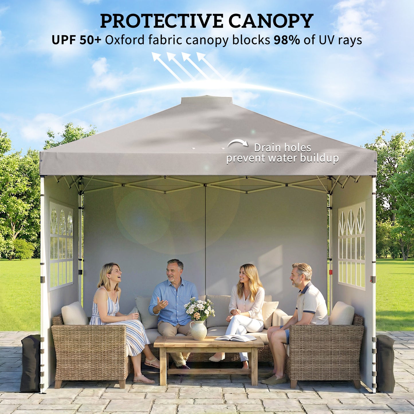 3x3m Pop-Up Canopy Gazebo | UPF50+ Waterproof 210D Oxford Fabric | 3 Detachable Sidewalls | 2 Church Windows | 2 Top Vents & 8 Drainage Holes | 3-Height Steel Frame to 285cm | 4 Guy Ropes & 12 Stakes | Wheeled Carry Bag | Grey