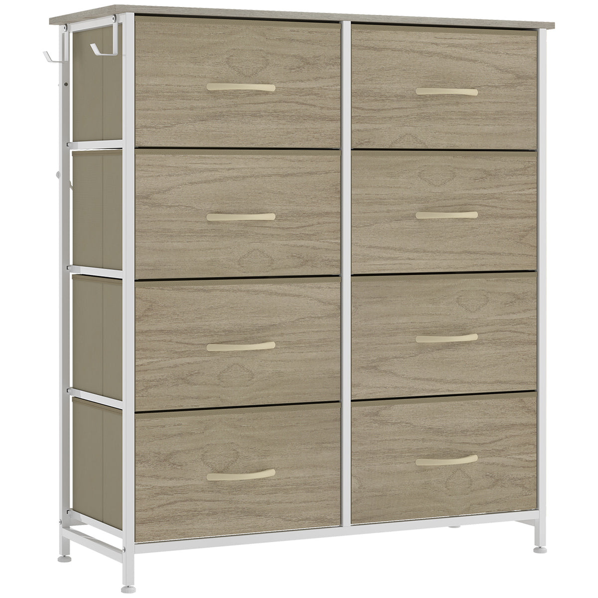 Chest of 8 Fabric Drawers | Natural Wood Rustic Brown Grey | Non-Woven Fabric Steel | 80x30x94.5cm | 30kg | Side Pocket 2 Hooks | X-Bar Frame | Anti-Tip Kit | Foldable Drawers | Bedroom