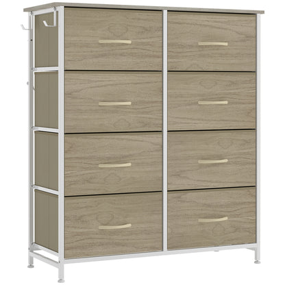 Chest of 8 Fabric Drawers | Natural Wood Rustic Brown Grey | Non-Woven Fabric Steel | 80x30x94.5cm | 30kg | Side Pocket 2 Hooks | X-Bar Frame | Anti-Tip Kit | Foldable Drawers | Bedroom