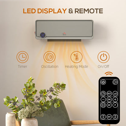 Wall Downflow Heater 2 Heat and Fan 1000W/2000W, Electric Space Heater with Timer Remote Oscillating, for Bedroom Home Office, Grey
