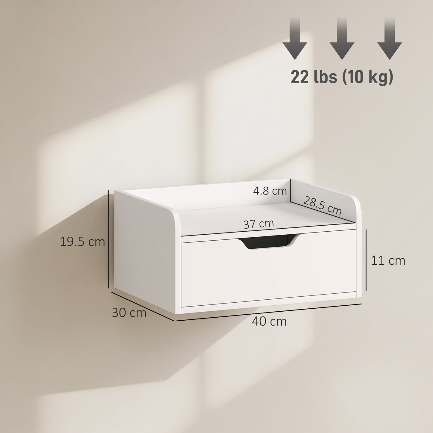 Set of 2 Floating Wall-Mounted Bedside Tables / Nightstands | Drawer & Top Shelf | 10kg | White