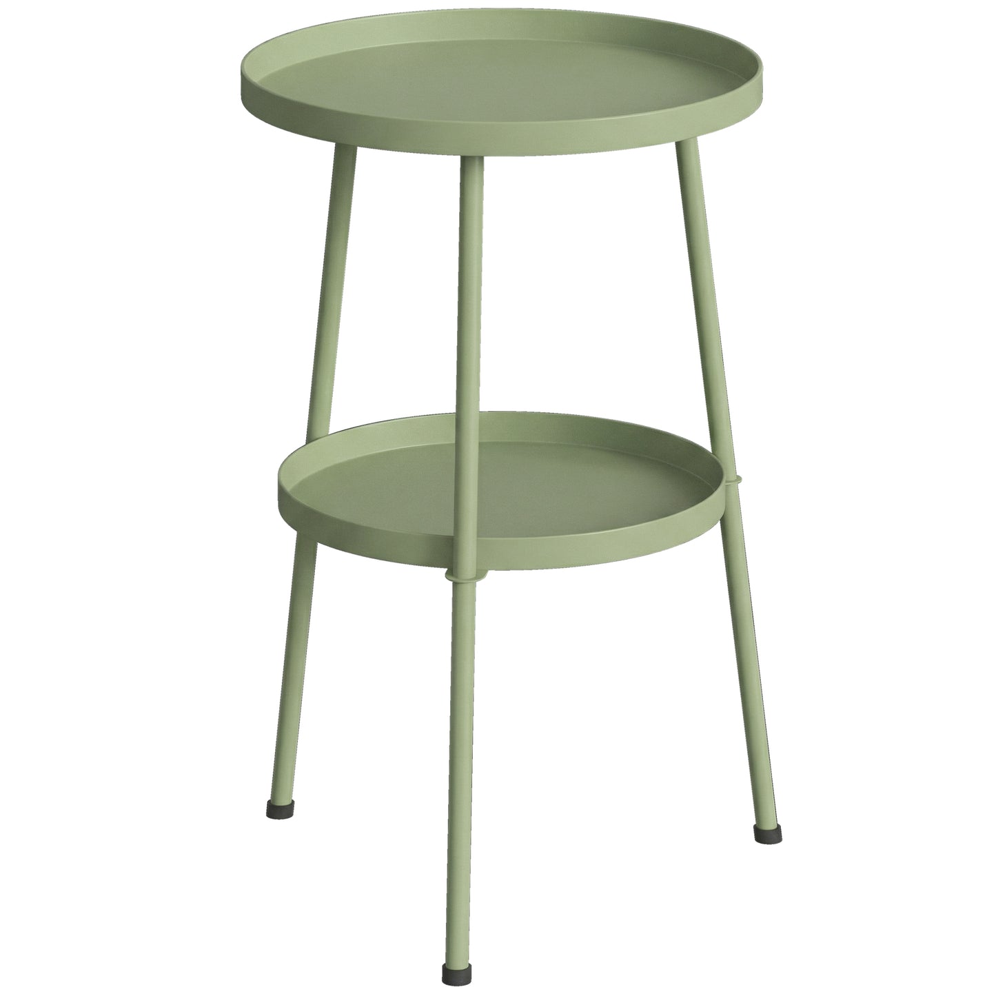 2 Tier Round Garden Bistro Side Table | 36x36x53cm | 32cm Top Tray | Tripod Base | Adjustable Feet | Powder Coated Metal | 20kg | Light Green