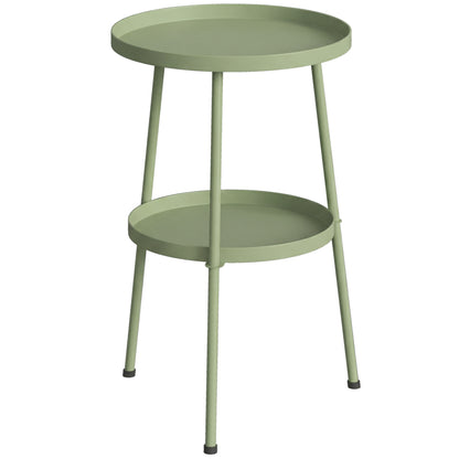 2 Tier Round Garden Bistro Side Table | 36x36x53cm | 32cm Top Tray | Tripod Base | Adjustable Feet | Powder Coated Metal | 20kg | Light Green