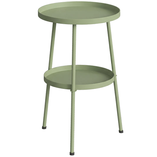 2 Tier Round Garden Bistro Side Table | 36x36x53cm | 32cm Top Tray | Tripod Base | Adjustable Feet | Powder Coated Metal | 20kg | Light Green