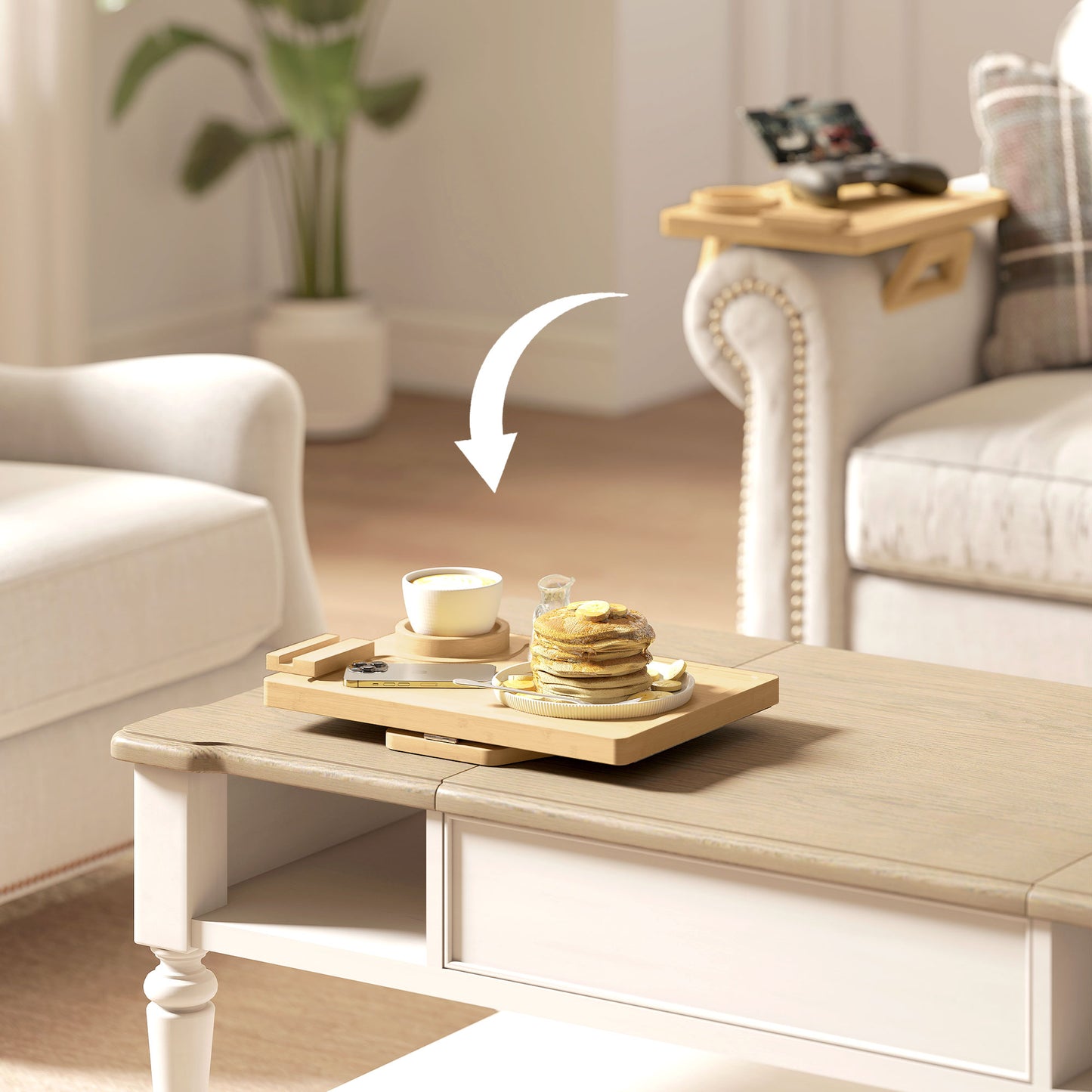 Bamboo Sofa Armrest Tray | 360° Phone & Tablet Holder | Removable Cup Holder | Anti-Slip | No Assembly | Natural