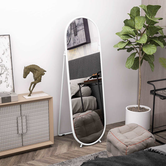 40 x 160cm Full Length Mirror, Floor Standing, Wall-Mounted or Leaning Against Wall Tall Mirror with Support Frame, Oval Full Body Mirror for Bedroom, Living Room, White