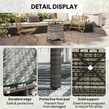 Outsunny Wicker Garden Rattan Table, Patio Furniture Outdoor Coffee Table with Umbrella Hole and Tempered Glass Top, Grey / Brown