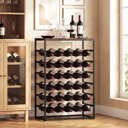 Freestanding Wine Rack | 6-Tier | 30 Bottles | Wood Effect Tabletop | Wave Slots | Anti-Tip | 59x30x88.5cm | Rustic Brown
