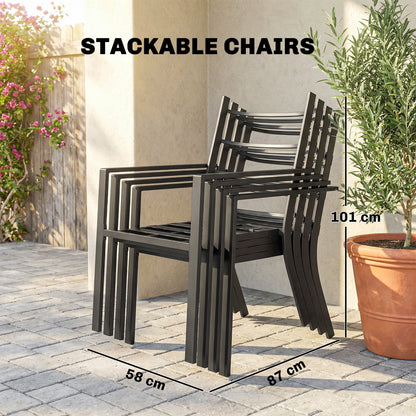 5-Piece Garden Dining Set | 80cm Square Table | 4 Stackable Armchairs | 8cm Seat & 15cm Back Cushions | Washable Covers | Powder-Coated Steel | 120kg Per Chair | Grey Wood Effect