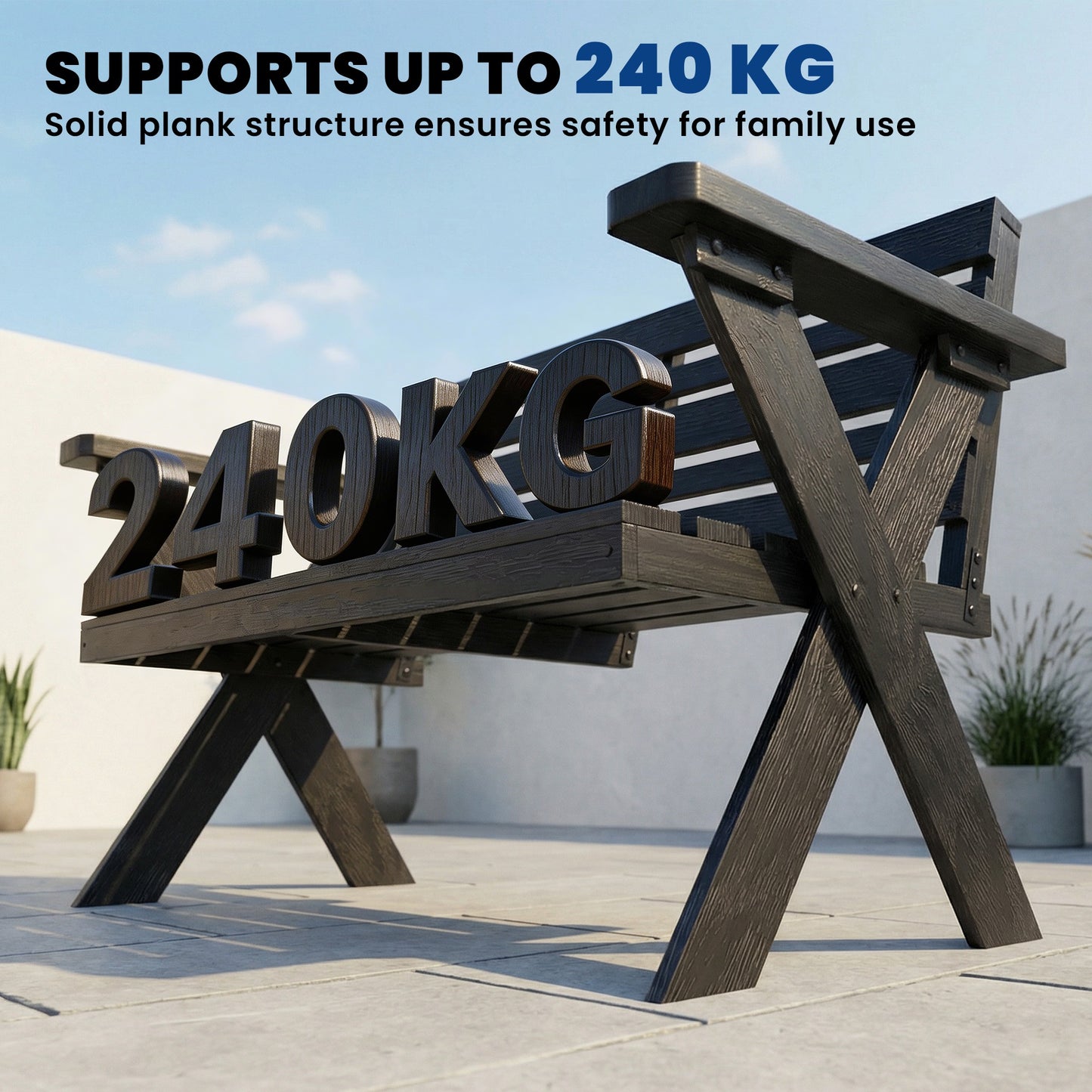 2-Seater Wooden Garden Bench | X-Frame Legs | Armrest & Backrest | 240kg | Fir Wood | Black