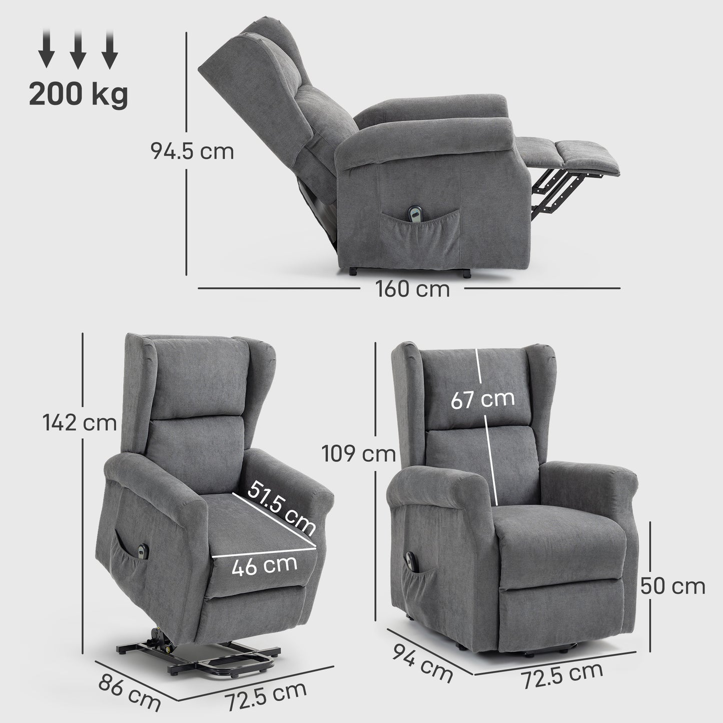 Power Lift Recliner Armchair, Electric Lift Chair, Fabric Riser and Reclining Chair with Remote Control, Side Pockets, Extended Footrest, for Living Room, Charcoal Grey