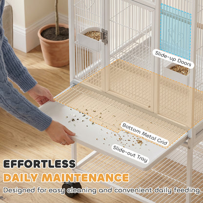 PawHut Bird Cage with Rolling Stand | Storage Shelf | Slide-Out Tray | 4 Feeder Doors | 2 Perches & Feeders | White