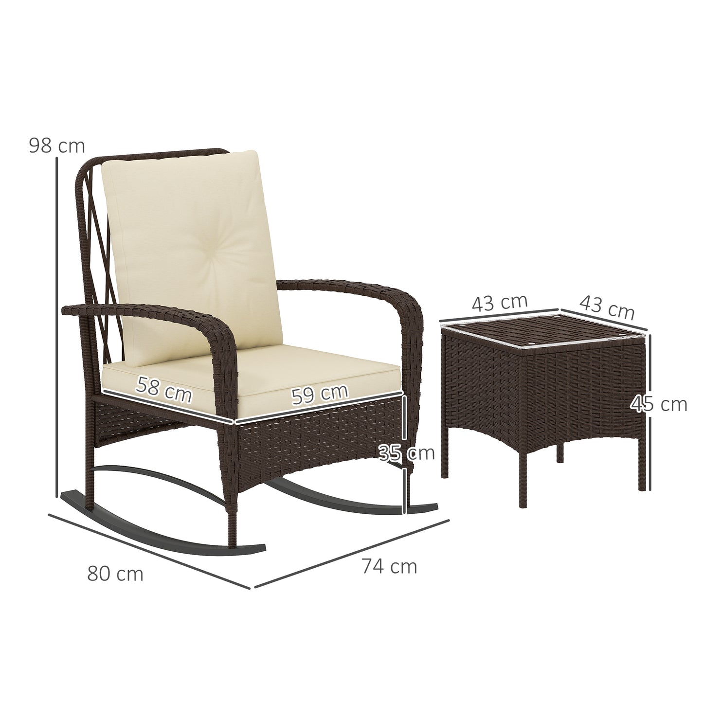 3 Piece Rattan Rocking Chair Bistro Set | 2 High Back Rocking Chairs | Tempered Glass Table | 16cm Back Cushion | 8cm Seat Cushion | 120kg | Brown
