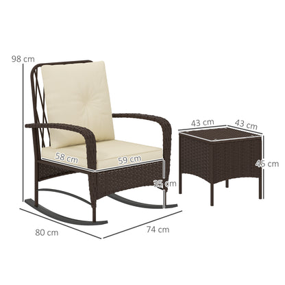 3 Piece Rattan Rocking Chair Bistro Set | 2 High Back Rocking Chairs | Tempered Glass Table | 16cm Back Cushion | 8cm Seat Cushion | 120kg | Brown