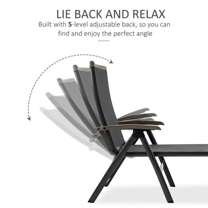 Set of 2 Reclining Sun Loungers | 5-Position Adjustable Backrest | Breathable Mesh Fabric | Powder-Coated Aluminium Frame | 150kg Capacity | Folds Flat | Patio & Garden | Grey