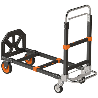 2-in-1 Folding Sack Truck & Platform Trolley | 220kg Flatbed / 120kg Upright | Extendable Frame & Telescopic Handle | Black & Orange