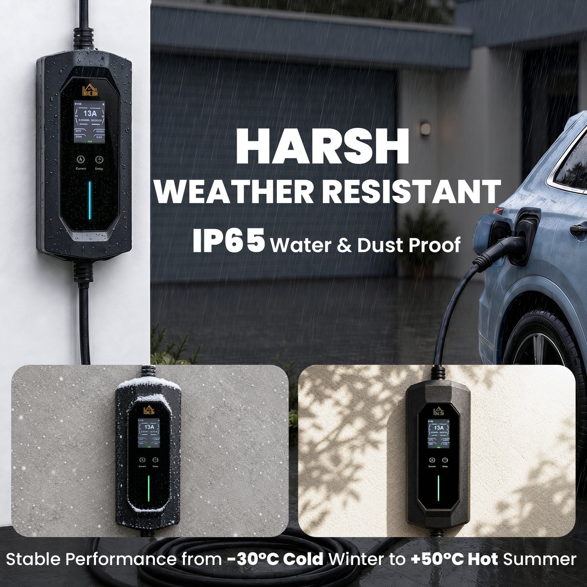 2.8kW Type 2 EV Charger with UK 3-Pin Plug | 10m IP65 TPU Cable | 6-13A Adjustable | LCD Display | 1-12h Delay Timer | ST MCU Chip | CE RoHS | -30°C to +50°C | Black