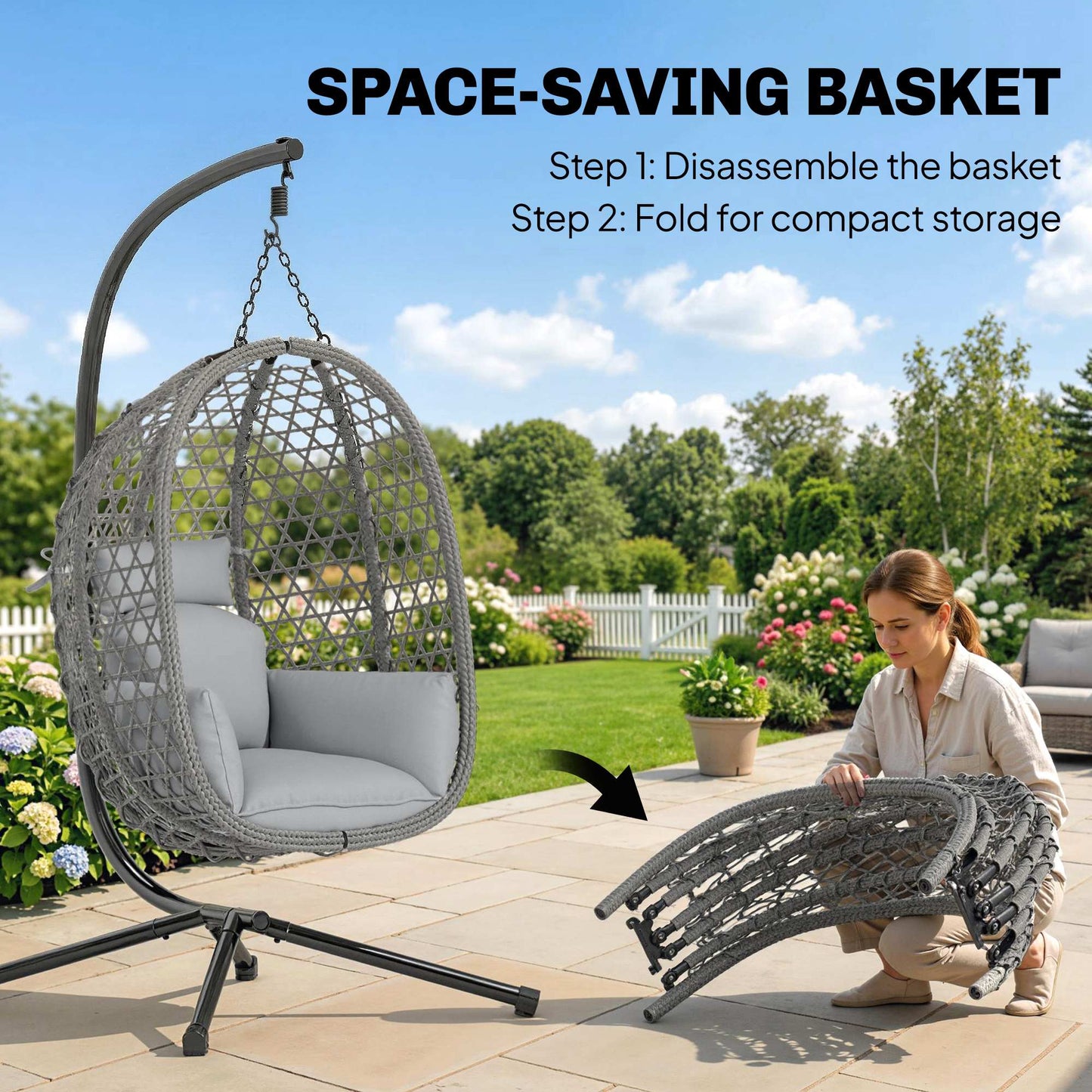 Hanging Egg Chair | Handwoven Rattan | Foldable Basket | 15cm Cushion & Headrest | Dark Grey