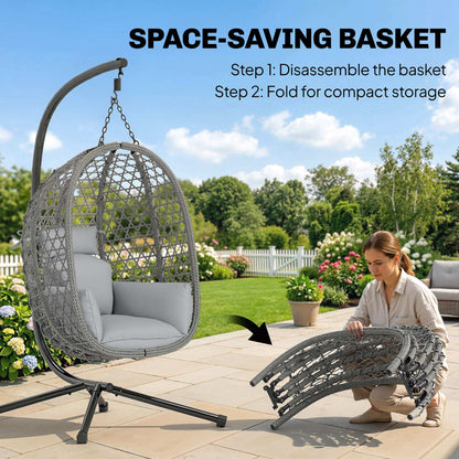 Hanging Egg Chair | Handwoven Rattan | Foldable Basket | 15cm Cushion & Headrest | Dark Grey