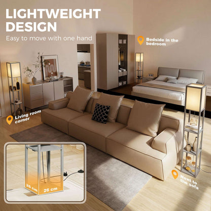 Floor Lamp with 3 Shelves | Column Design | MDF | E27 LED Included | Foot Switch | 160cm | 2.5kg per Tier | Grey