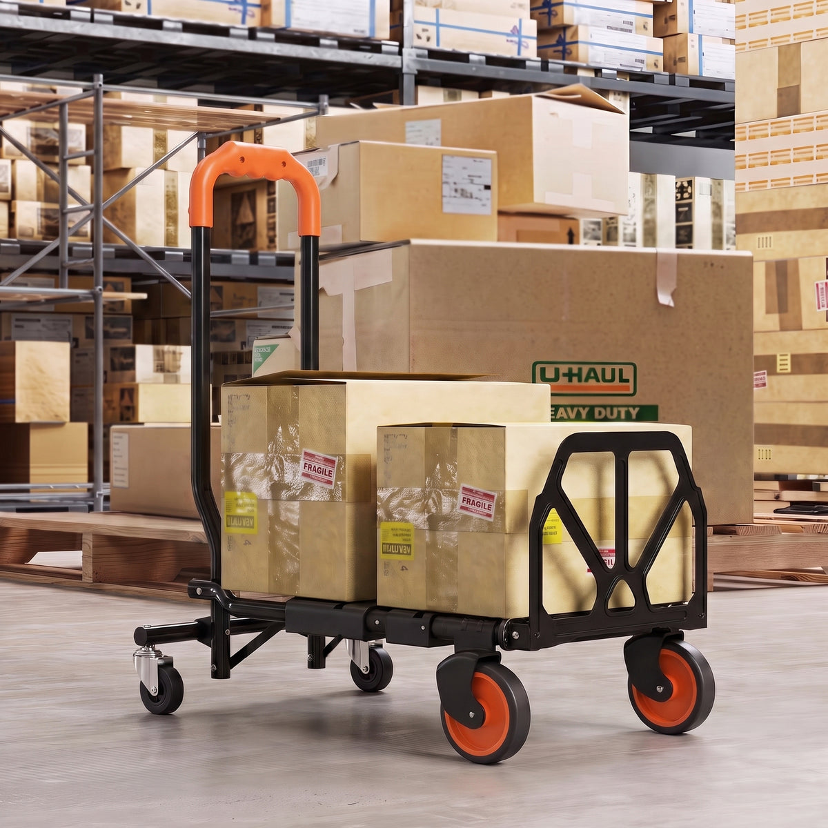 2-in-1 Folding Hand Truck | 120kg Platform Trolley & 75kg Sack Barrow | Steel Frame | Compact Foldaway Design | Black & Orange