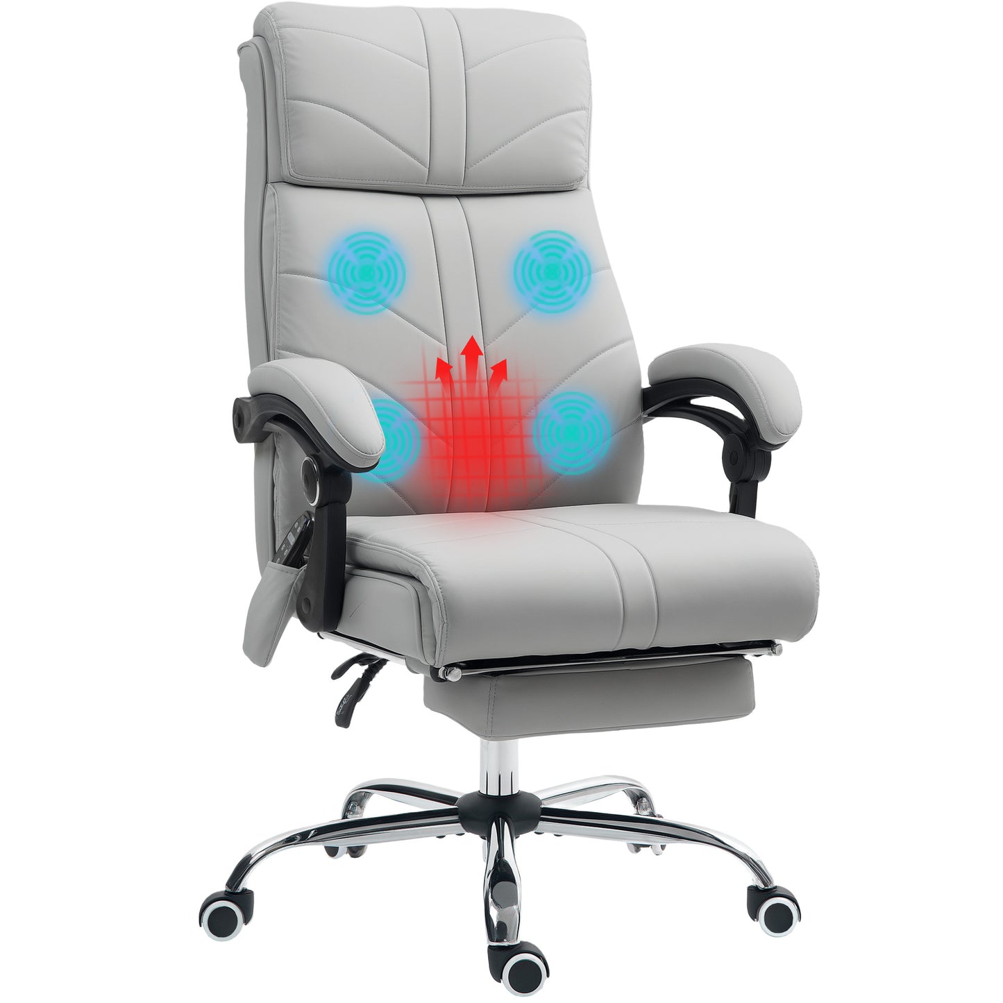 Faux Leather Massage Office Chair | 4 Point Vibration | Lumbar Heat | 3 Modes & Timer | Remote | 135° Recline & Footrest | 45-53cm Seat Height | 120kg | Light Grey