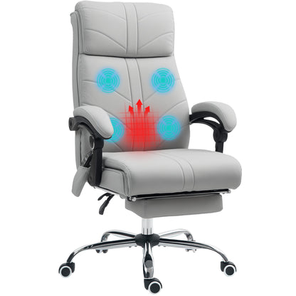 Faux Leather Massage Office Chair | 4 Point Vibration | Lumbar Heat | 3 Modes & Timer | Remote | 135° Recline & Footrest | 45-53cm Seat Height | 120kg | Light Grey