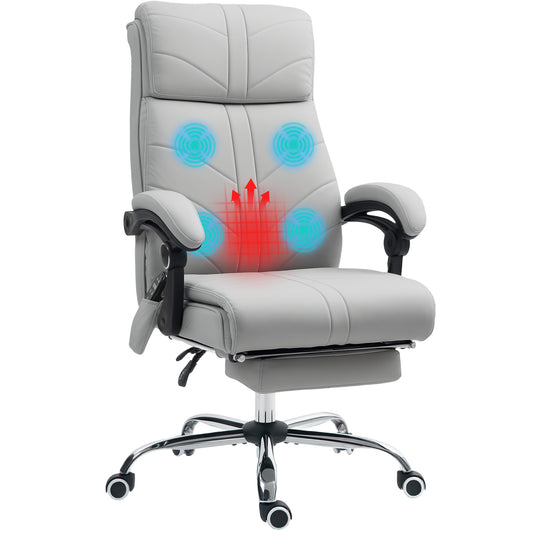 Faux Leather Massage Office Chair | 4 Point Vibration | Lumbar Heat | 3 Modes & Timer | Remote | 135° Recline & Footrest | 45-53cm Seat Height | 120kg | Light Grey