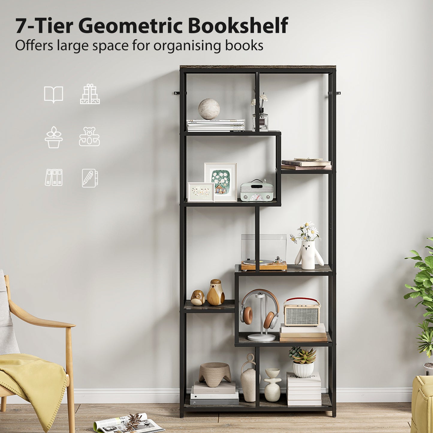 Seven-Tier Geometric Bookcase - Grey/Black