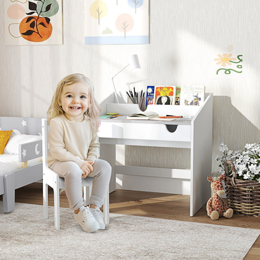 AIYAPLAY Children Study Table and Chair, Kids Desk and Chair Set with Storage, Pull-out Drawer, Gift for 3-6 Years Old - Grey / Pink