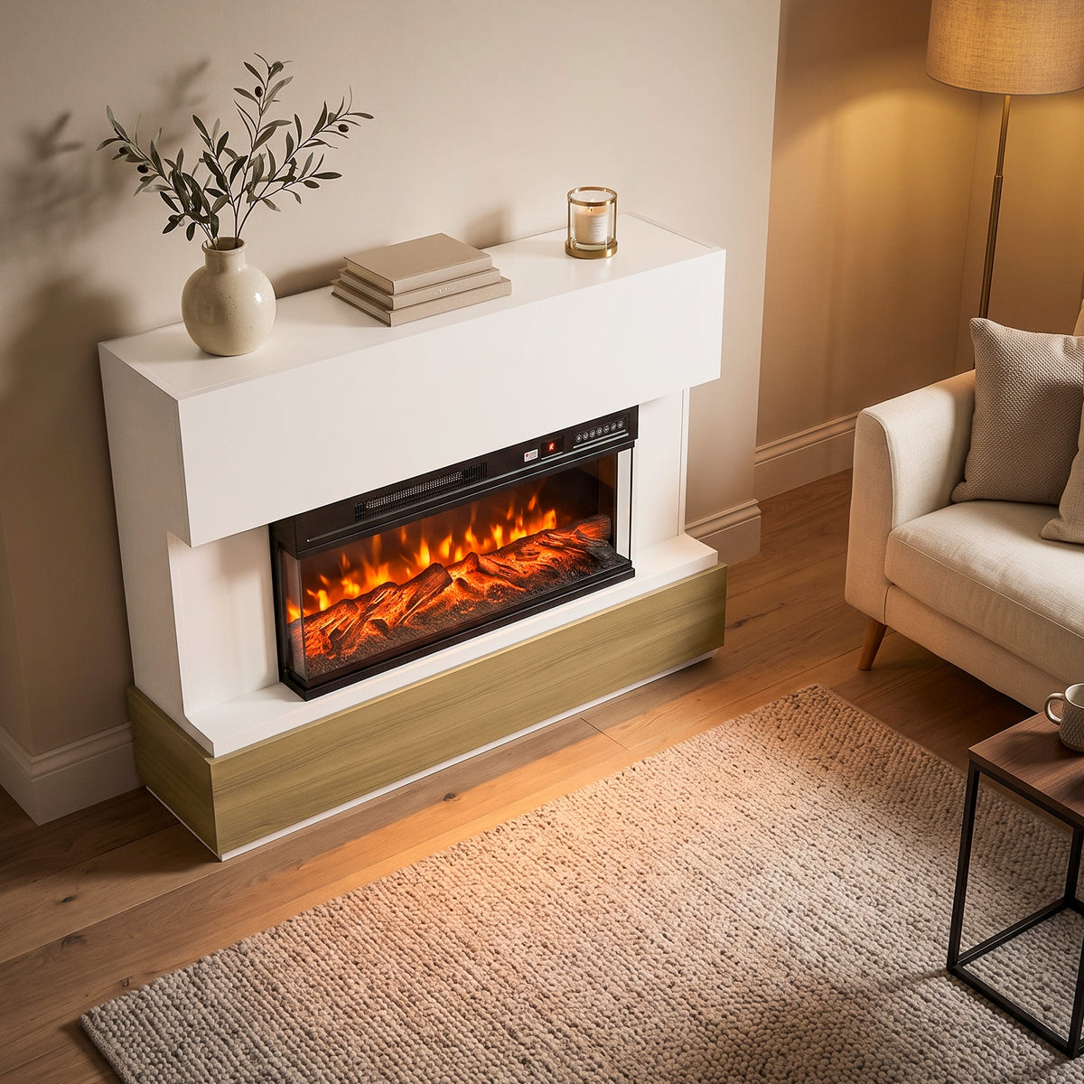 117cm Three-Sided Electric Fireplace Suite | White Surround & Wood-Effect Base | 900/1800W, 12 Flame Colours, Remote & 8-Hour Timer