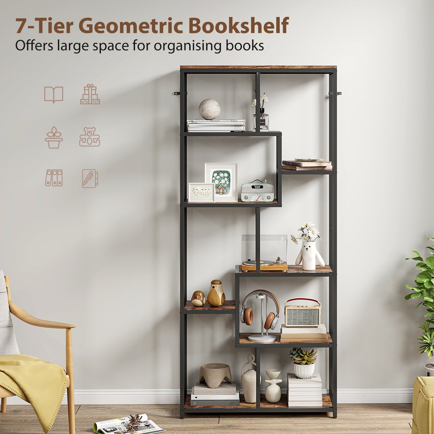 Seven-Tier Geometric Bookcase - Brown/Black