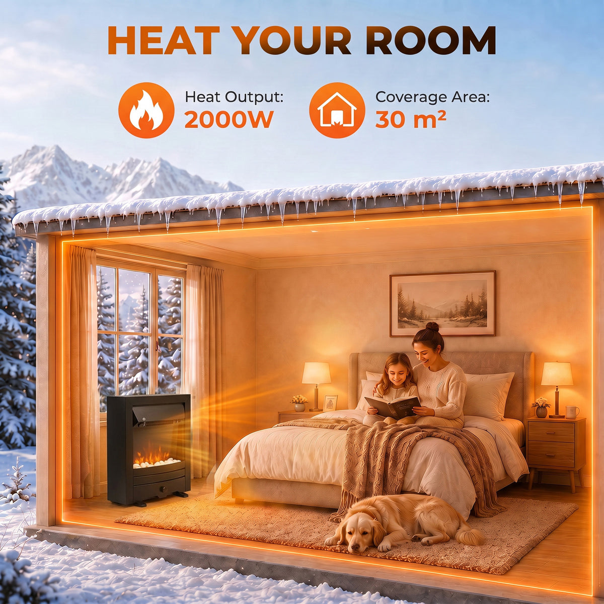 Electric Fireplace | 1000W/2000W Freestanding & Inset Fire | LED Flame & White Pebbles | Adjustable Thermostat | Black or Gold