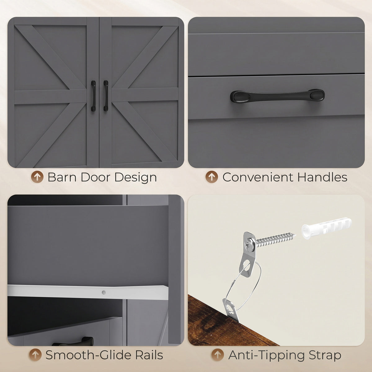 Farmhouse Sideboard with Built-In Charging Station | 2 AC Outlets USB USB-C | 3 Drawers | Adjustable Cabinet Shelf | Open Shelf | 120x35x95cm | 55kg | Melamine | TV Stand to 42in | Grey