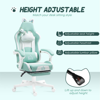 Cat Ear and Paw Reclining Office Chair, with Footrest - Light Blue/White