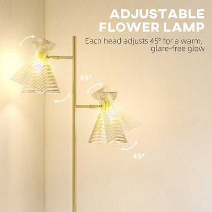 Floor Lamp with Adjustable Dual Head, Modern Standing Lamp with Floral Glass Shades and Foot Switch for Living Room Bedroom, E27 Socket, Bulb Not Included, Gold Tone