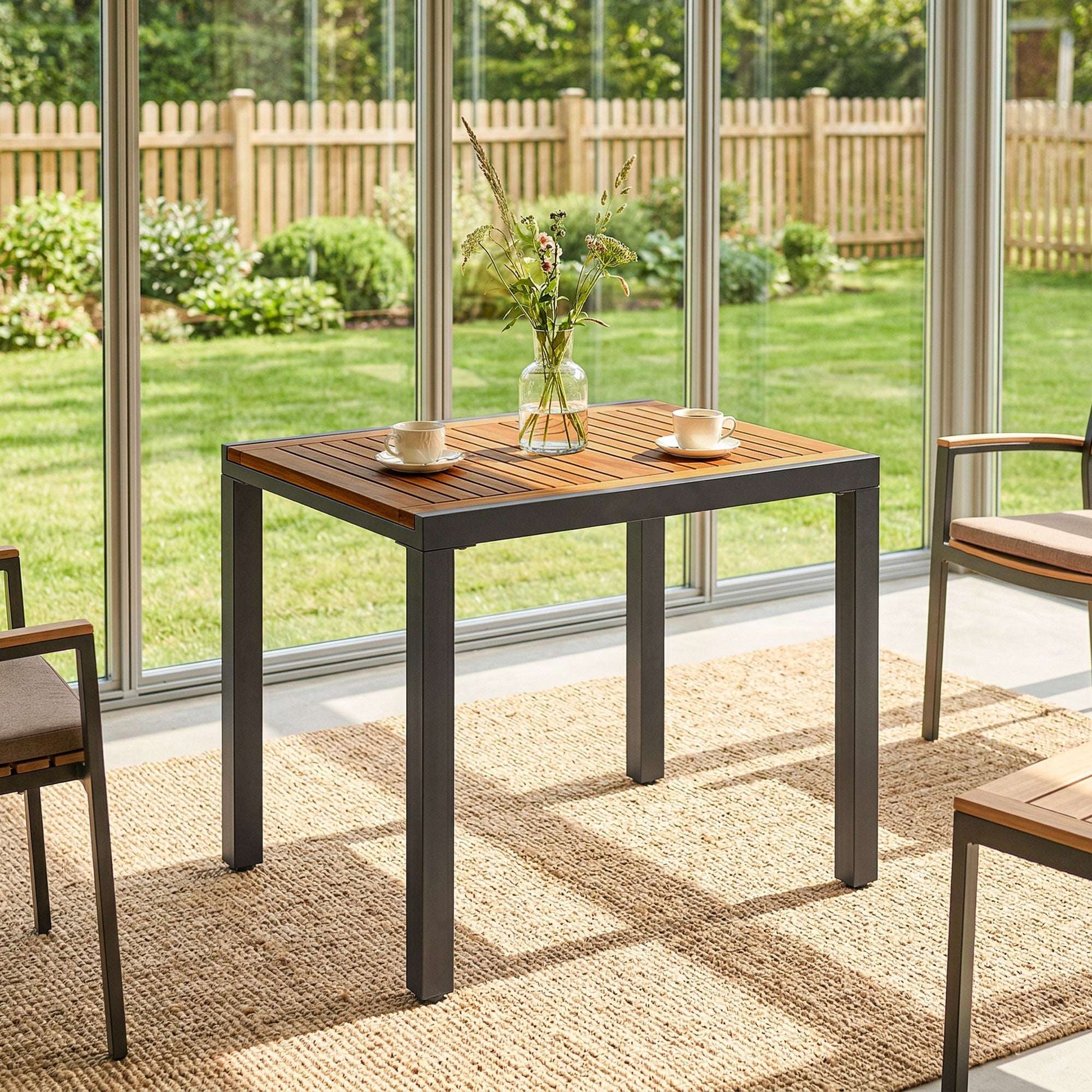 Expandable Acacia Wood Garden Dining Table | Black Powder-Coated Steel Frame | Extends 80-120cm | Adjustable Foot Pads | 50kg Capacity | No Assembly Required | 120x70x75cm | Natural & Black