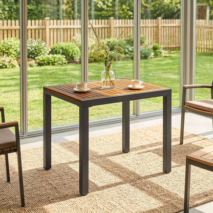 Expandable Acacia Wood Garden Dining Table | Black Powder-Coated Steel Frame | Extends 80-120cm | Adjustable Foot Pads | 50kg Capacity | No Assembly Required | 120x70x75cm | Natural & Black