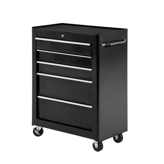 5-Drawer Lockable Steel Tool Storage Cabinet w/ Wheels Handle 2 Keys Organisation Box Unit Chest Garage DIY Workshop Trolley Black