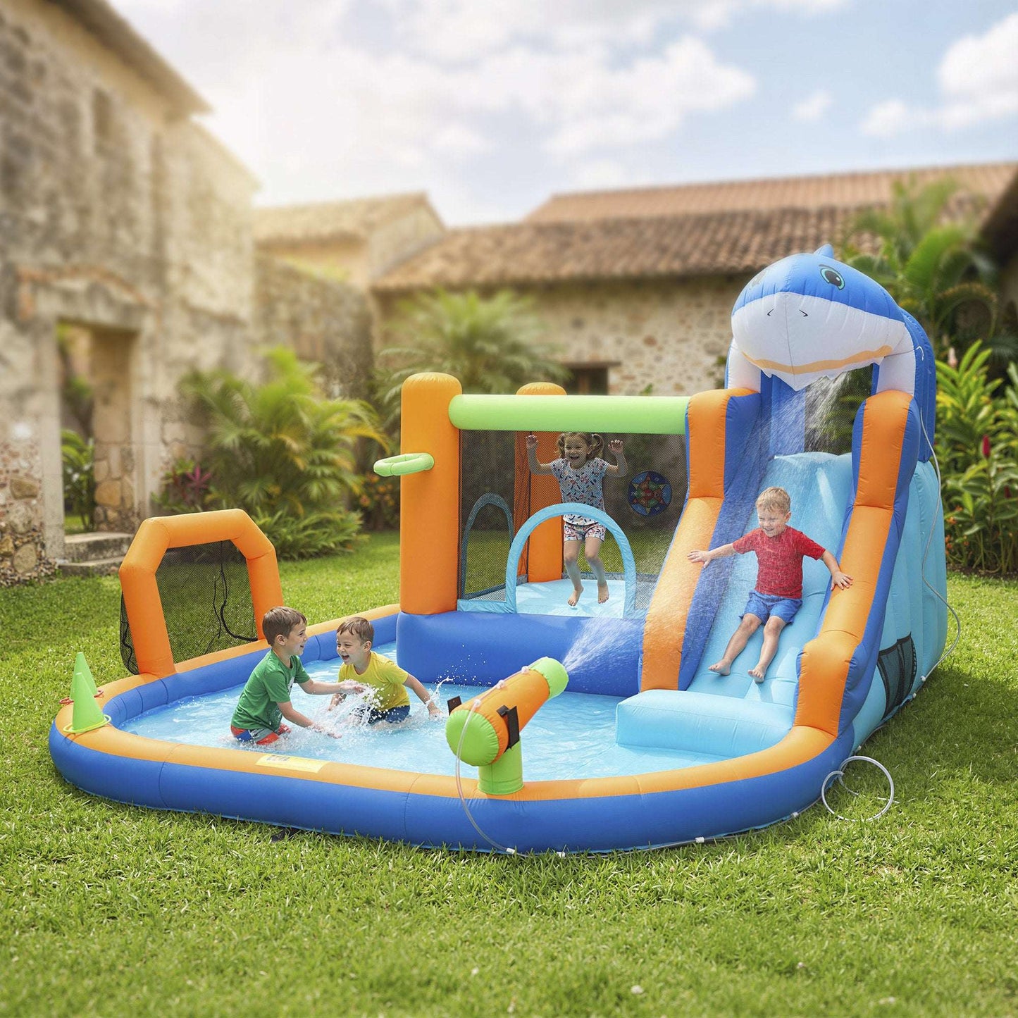 AIYAPLAY Inflatable Bouncy Castle for Kids, Sharks Theme Jumping Bounce House with Slide, Climbing Wall for Indoor Outdoor