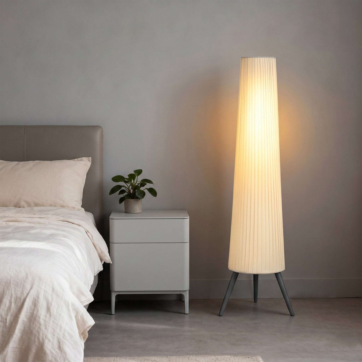 Nordic Dimmable Tripod Floor Lamp | 3-Level Foot Switch | Pleated Fabric Shade | 3000K Warm White | 10.5W 900lm | Steel & Wood Tripod Base | 46x46x153cm | 15-Min Assembly | White