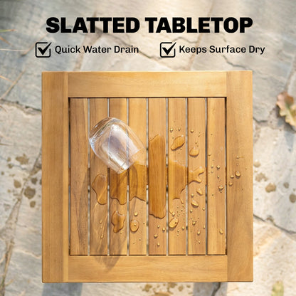 Solid Acacia Wood Coffee Table | Slatted Top | 30kg Capacity | Adjustable Foot Pads | No Assembly Required | Indoor & Outdoor | 48 x 48 x 46cm | Natural Teak Finish