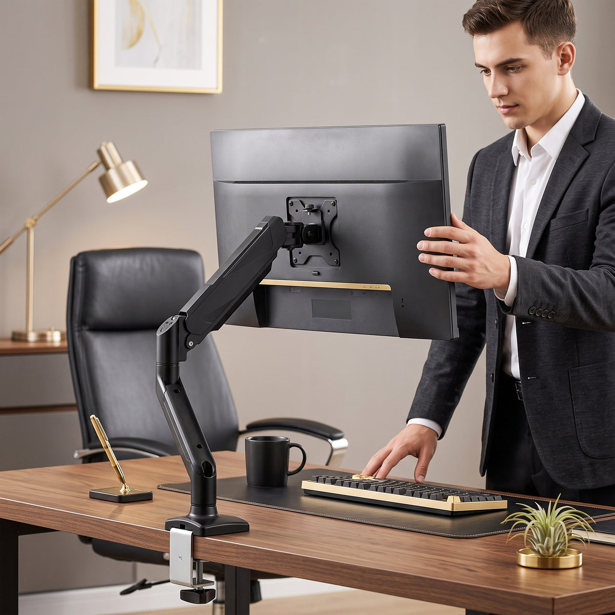 Single Monitor Arm | Up to 32 Inch & 10kg | Gas Spring Height Adjustment, Tilt, Swivel & 360° Rotation | Black Steel