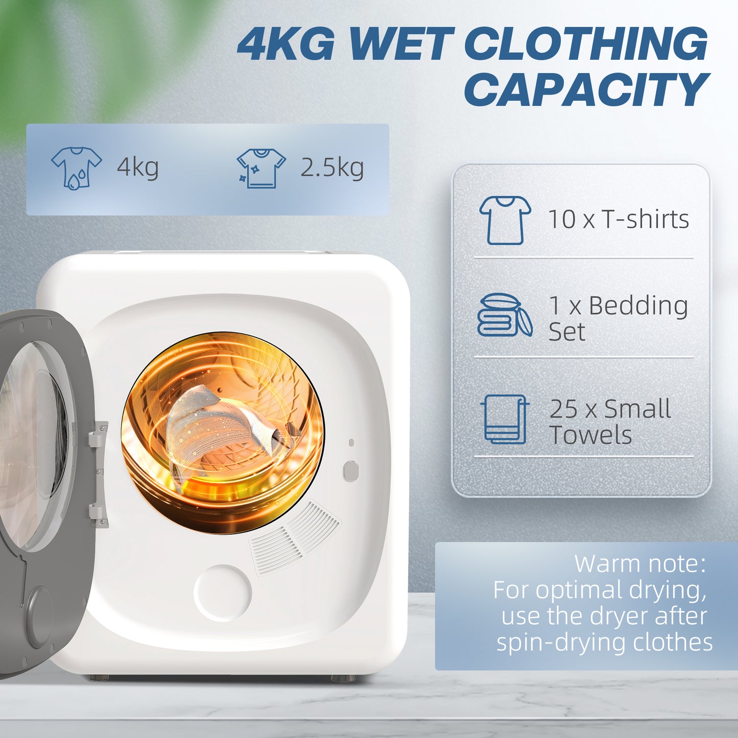 4kg Vented Tumble Dryer, 800W Compact Freestanding with 5 Drying Mode, Smart Sensor, Timer and Stainless Steel Tub, Wall-Mounted Portable Small Clothes Drying Machine, White