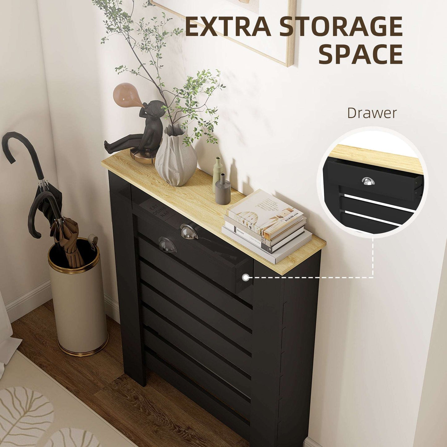MDF & Particle Board Radiator Cover with 1 Drawer | Slatted Design | Skirting Board Cut-Outs | Easy-Fix Clips | Wood-Effect Top | 5kg Drawer Capacity | 78x19x95.5cm | Black
