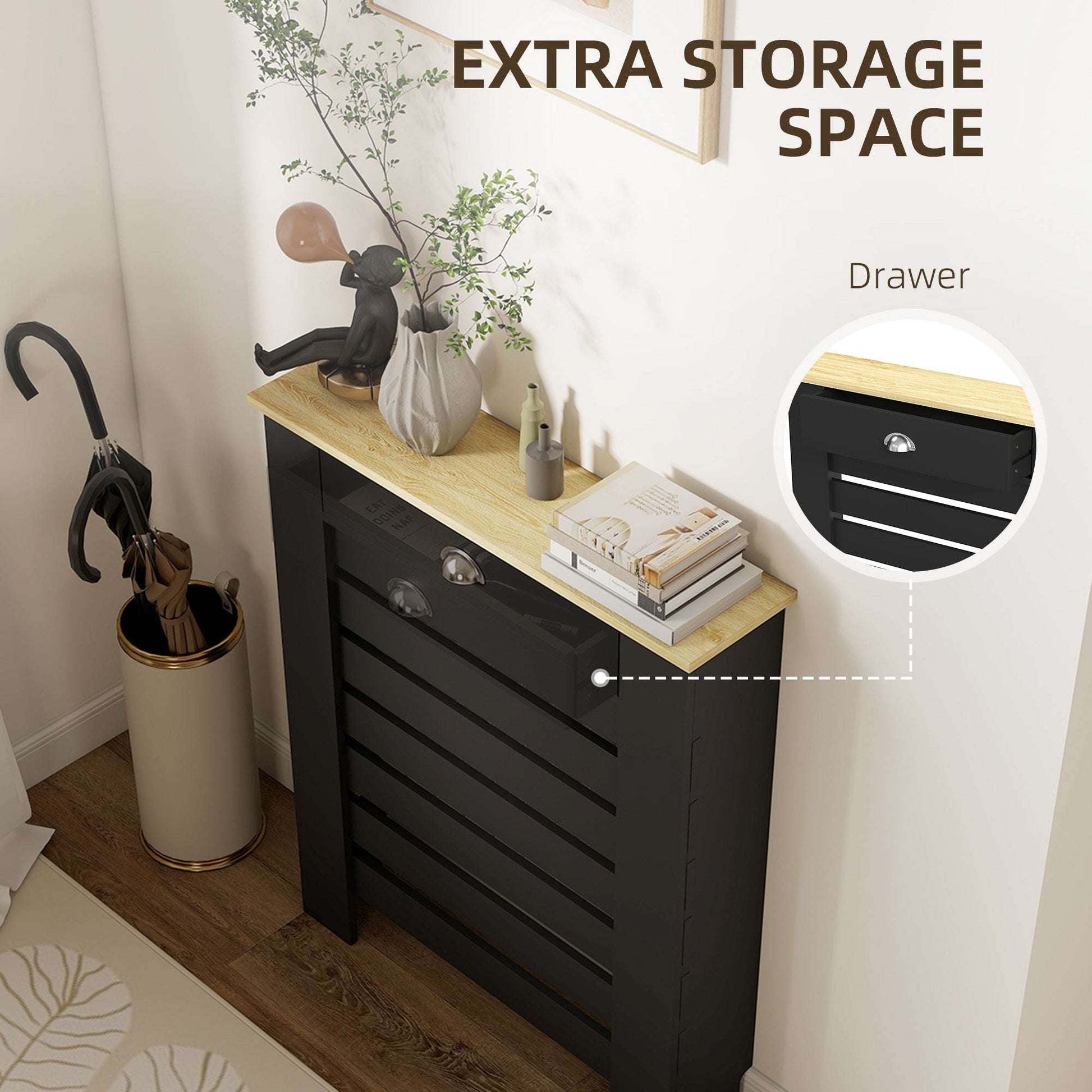 MDF & Particle Board Radiator Cover with 1 Drawer | Slatted Design | Skirting Board Cut-Outs | Easy-Fix Clips | Wood-Effect Top | 5kg Drawer Capacity | 78x19x95.5cm | Black