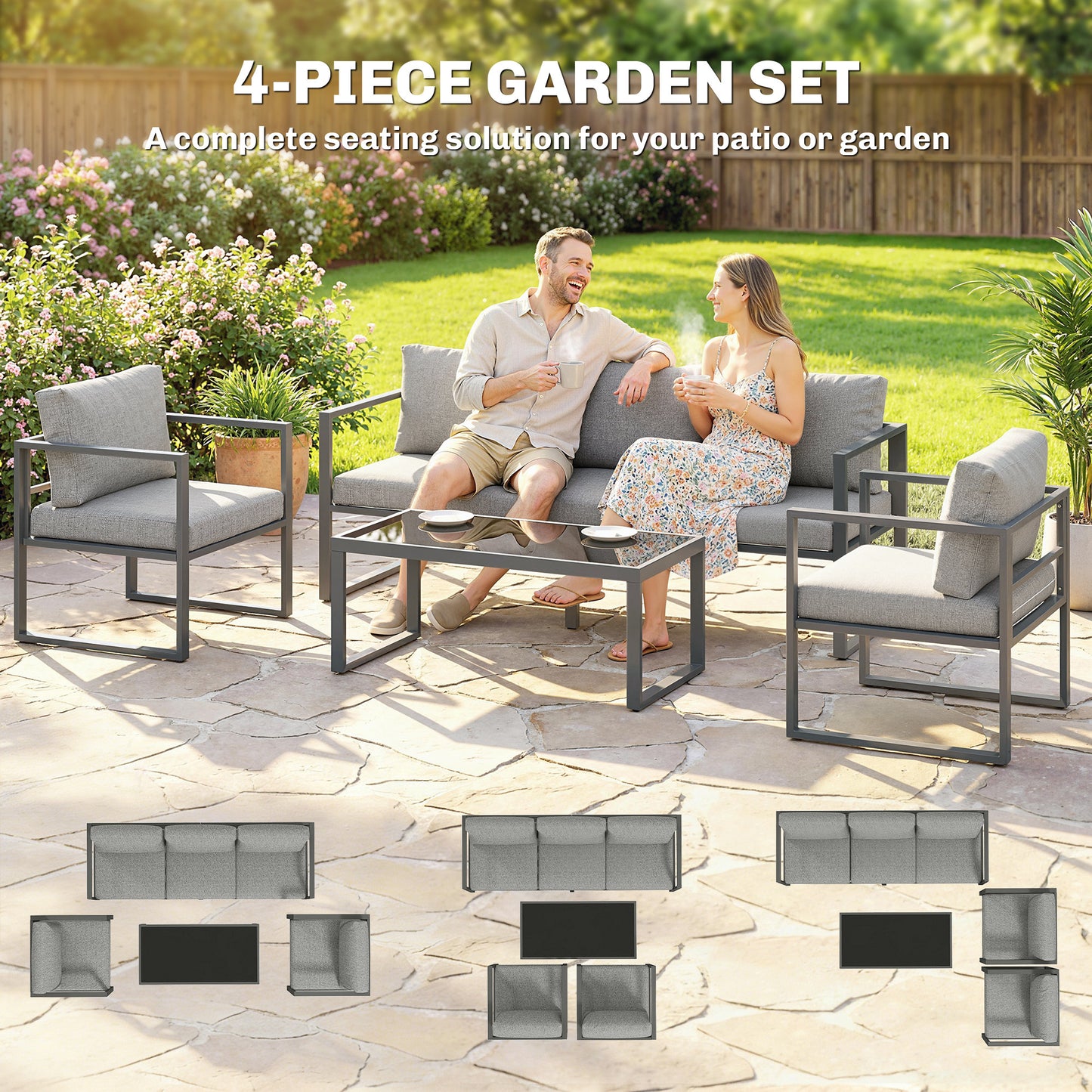 4-Piece Garden Sofa Set | 3-Seater Sofa | 2 Armchairs | Tempered Glass Coffee Table | Powder-Coated Aluminium Frame | 8cm Seat & 12cm Back Cushions | Anti-Slip Straps | Washable Zip Covers | 360kg Sofa Capacity | Dark Grey