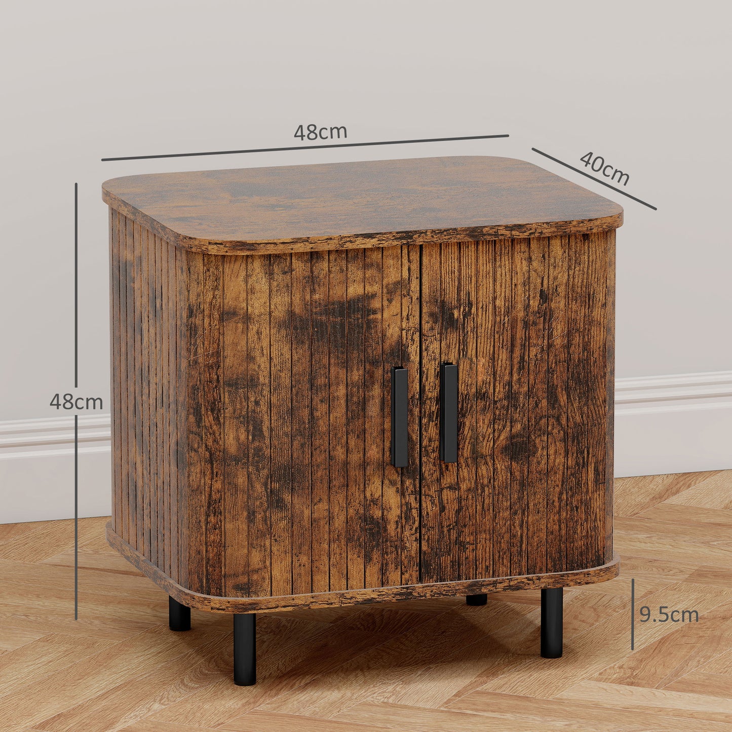 Nordic Bedside Table | Roller Shutter Sliding Doors | 2-Tier Storage | Melamine Surface | Steel Legs | 90kg | 48x40x48cm | Rustic Brown