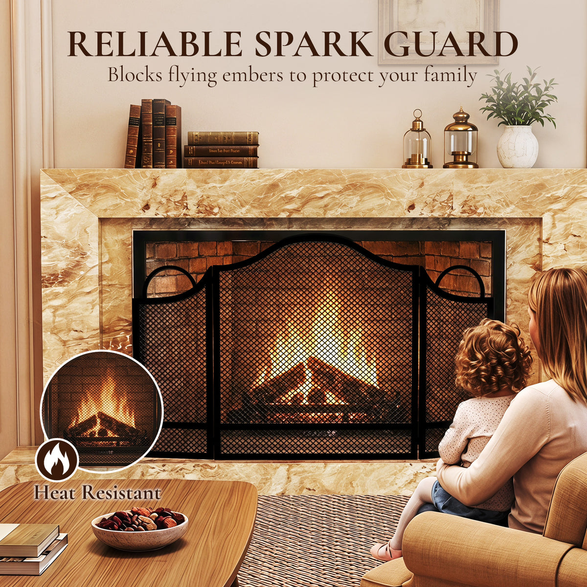 3-Panel Folding Fireplace Screen | Floral Design | Powder-Coated Metal | Spark Guard | Hearth Protection | Adjustable | Folds to 67x2x74cm | Open 122x1x74cm | Side Panels 27x64cm | Black