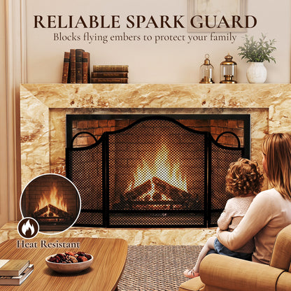 3-Panel Folding Fireplace Screen | Floral Design | Powder-Coated Metal | Spark Guard | Hearth Protection | Adjustable | Folds to 67x2x74cm | Open 122x1x74cm | Side Panels 27x64cm | Black